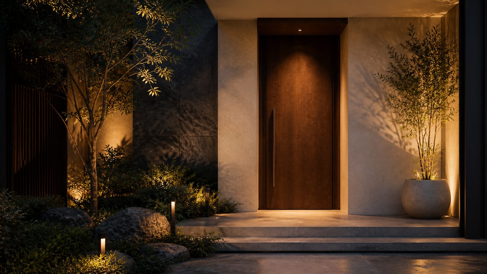 DWĀR wood entrance door lit at night