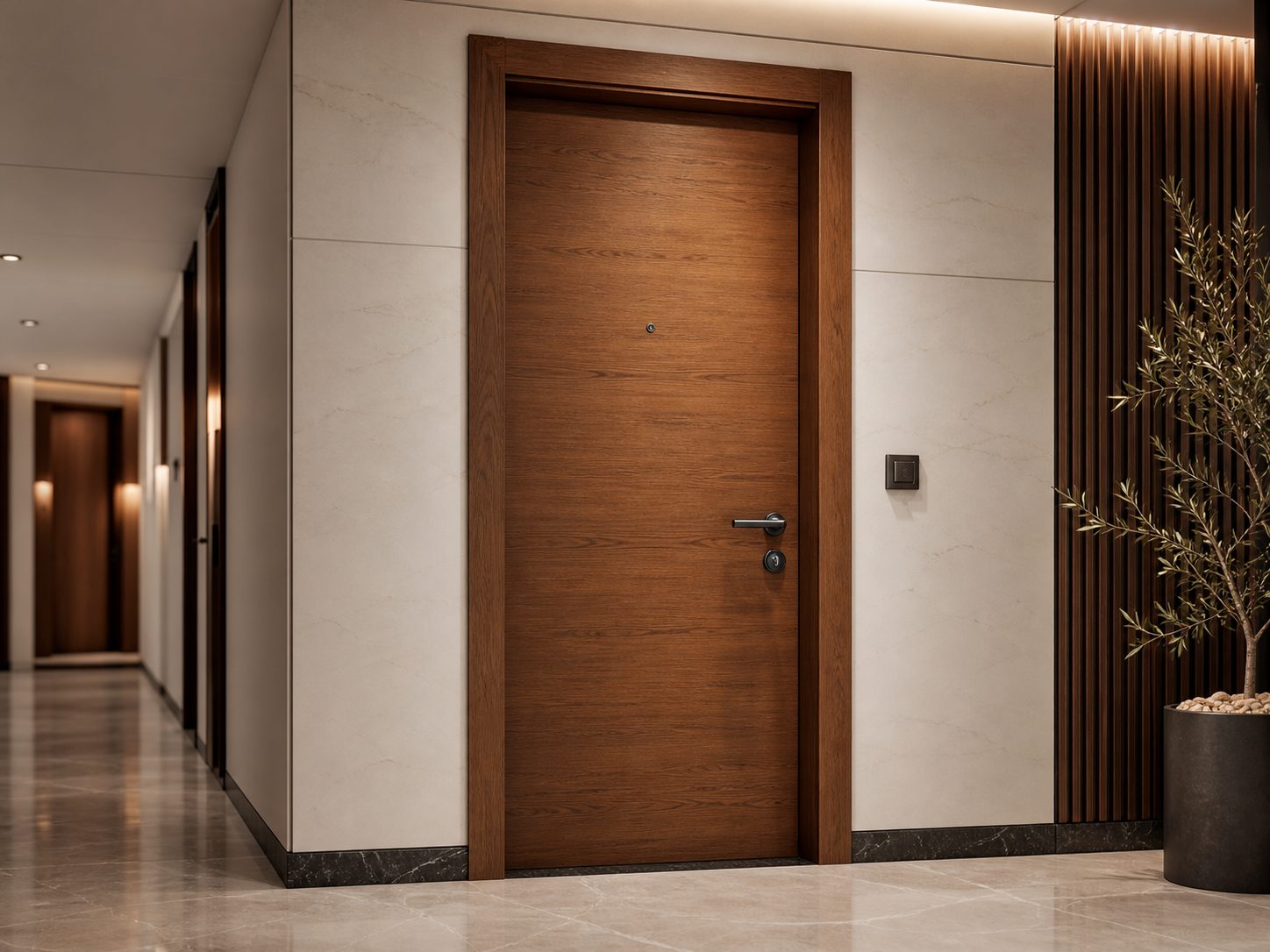 DWĀR oak flush door in apartment corridor