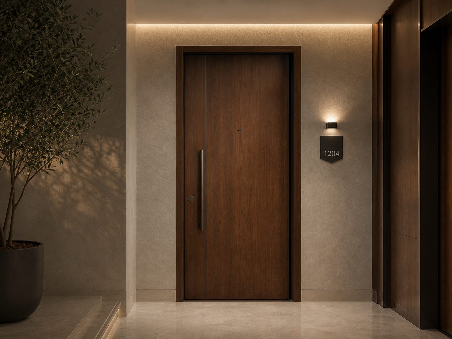 DWĀR walnut apartment unit entrance door